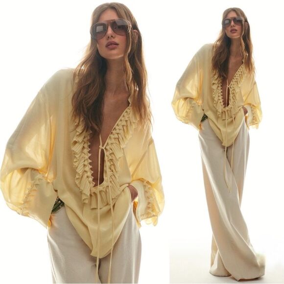 H&M Edition S/S 2025 Ruffled Pale Yellow Tunic Blouse Limited Edition - Picture 7 of 11